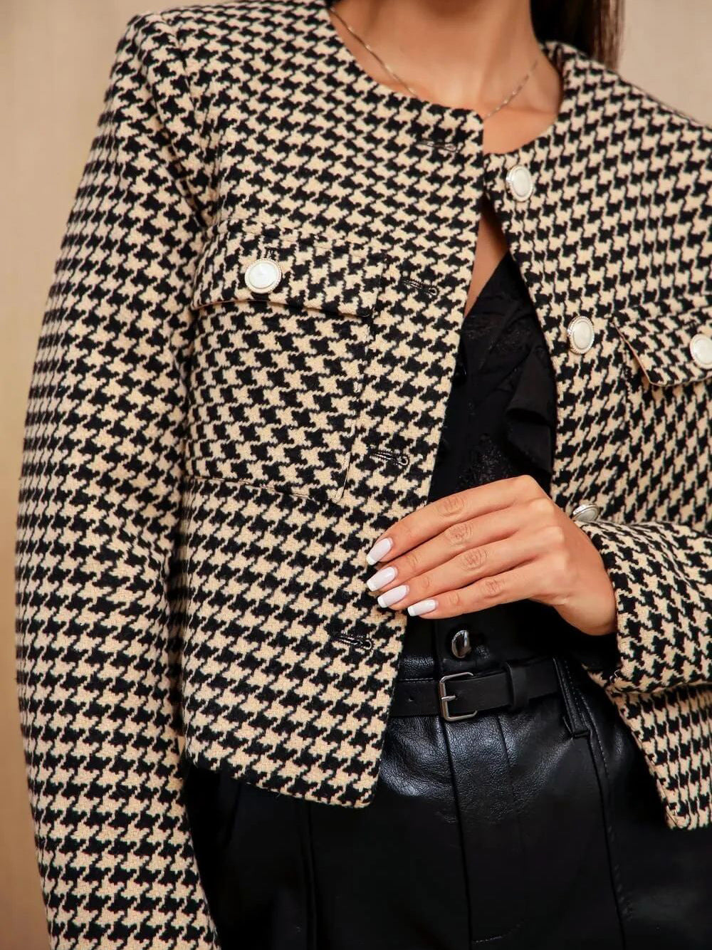 Round Neck Houndstooth Tweed Cardigan Sweater