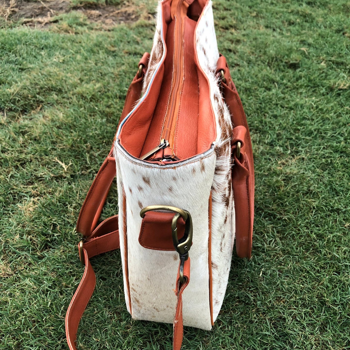 Brown and White Cowhide Messenger Bag with Leather Strap