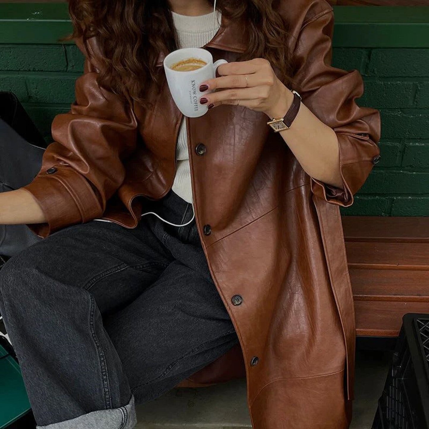 Brown Leather Trench Coat for Women with Belted Waist