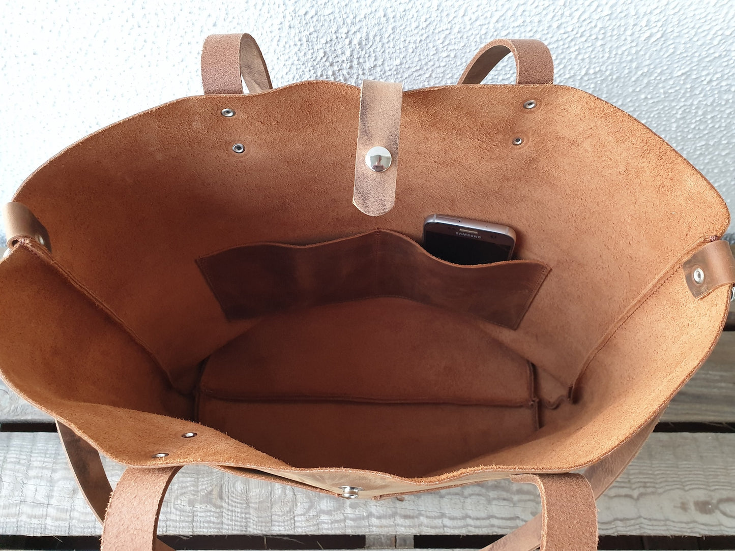 Large brown pull up leather tote bag