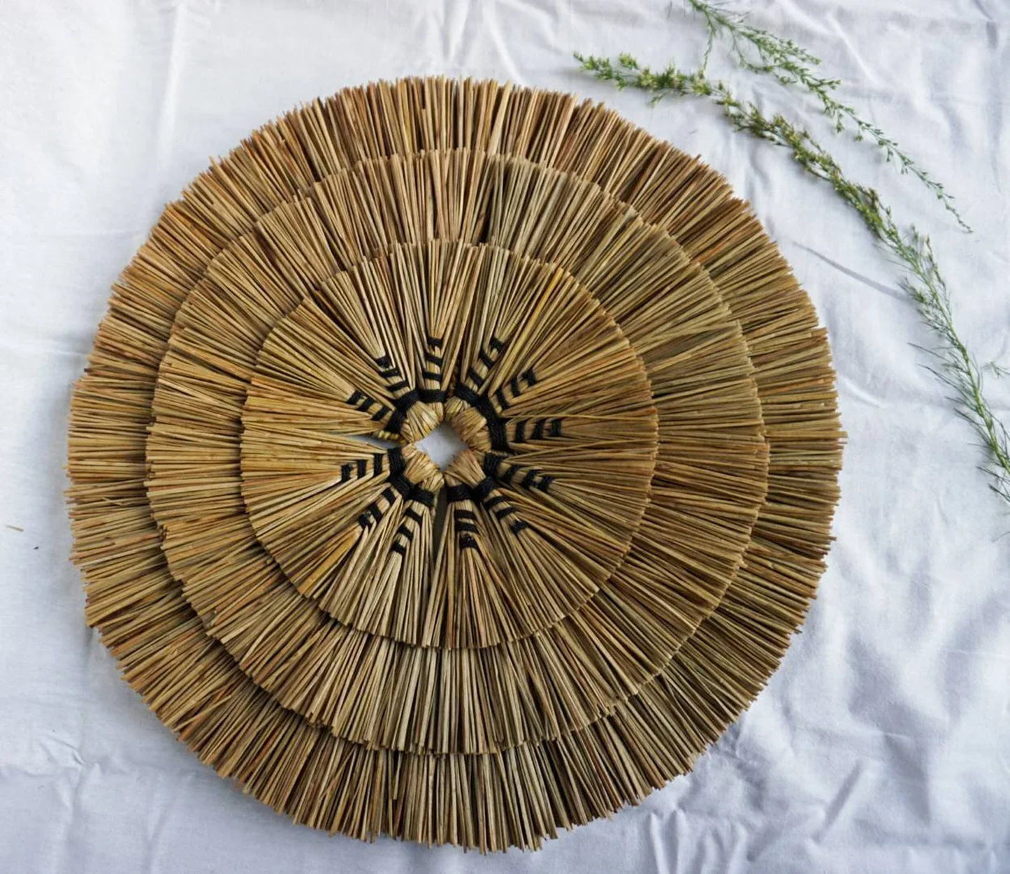 Black macrame seagrass round wall decor