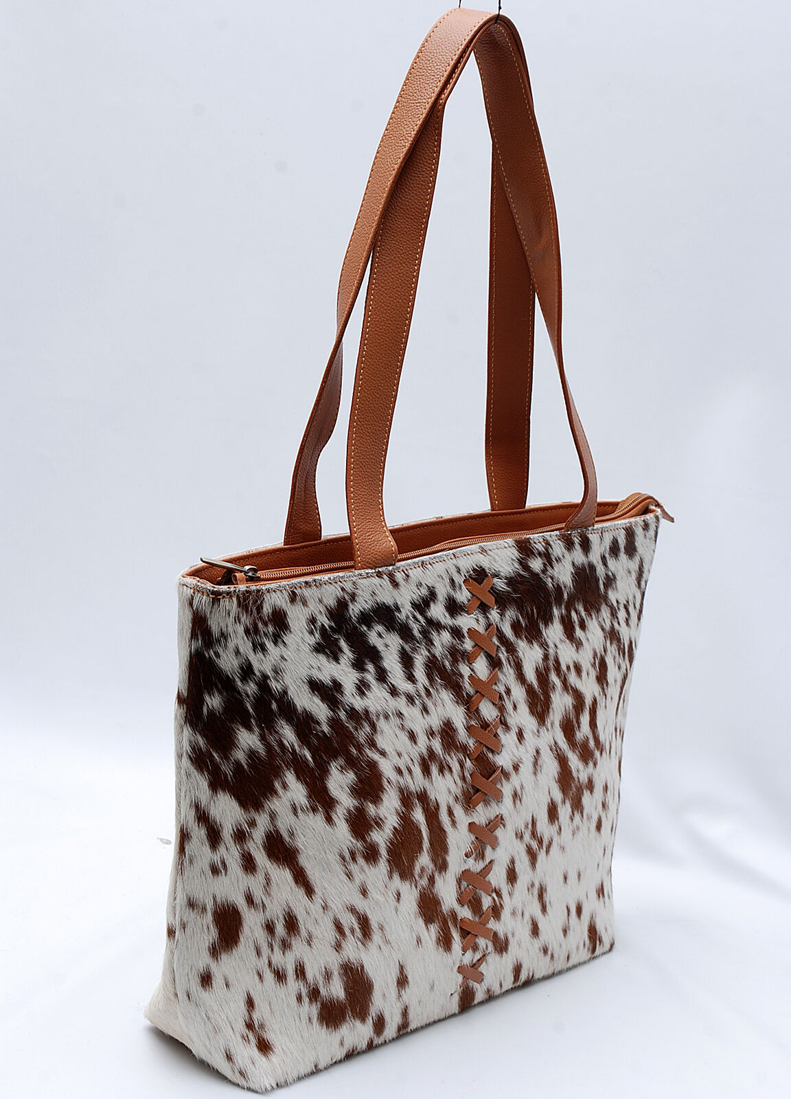 Brown White Cowhide Tote Bag With Studs