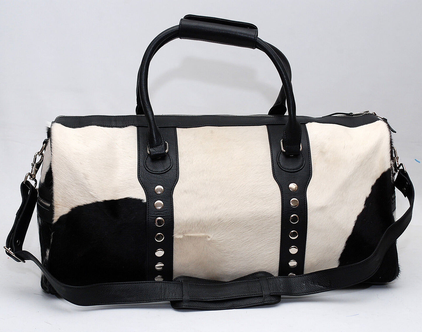 Natural Black White Cow Fur Duffle Weekender Bag