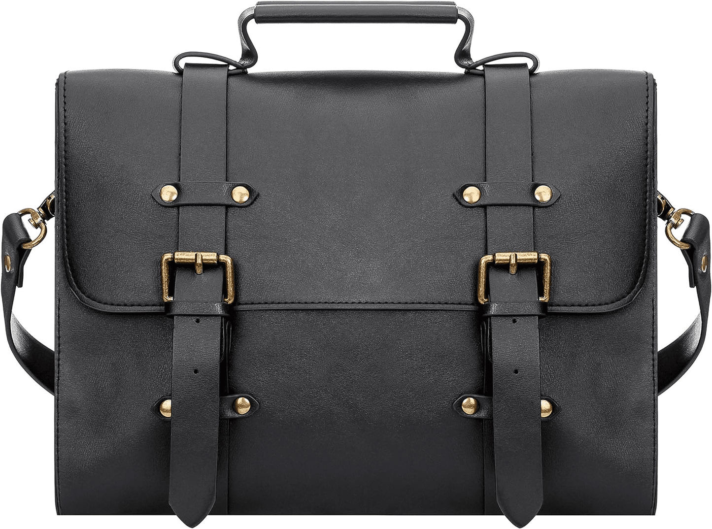 Black Leather Laptop Briefcase with Buckle Straps and Shoulder Handle