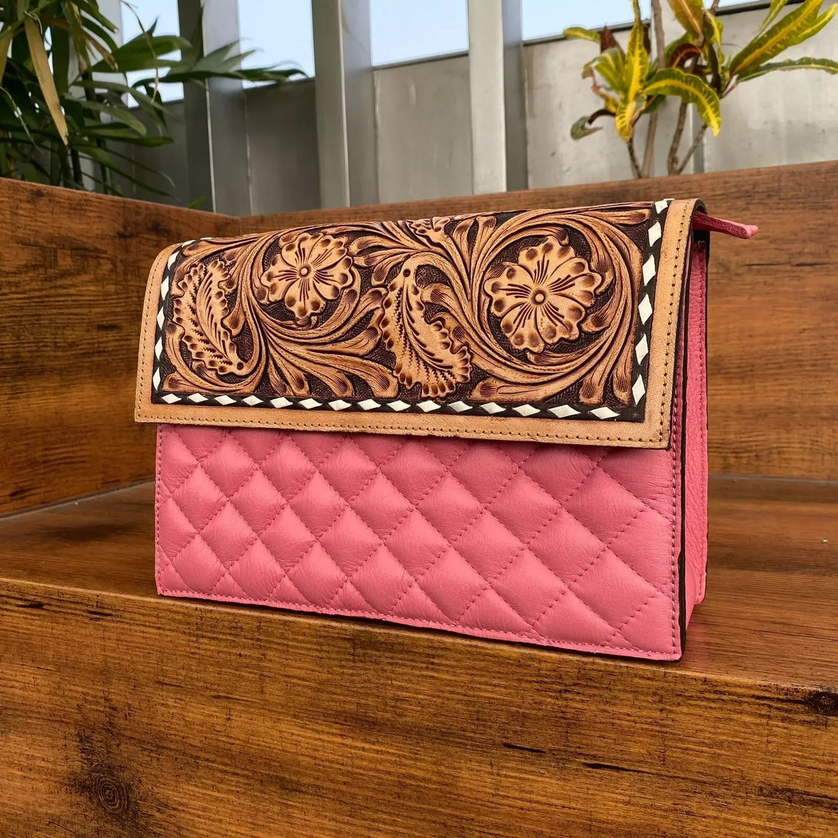 Pink Western Tooled Leather Crossbody Bag