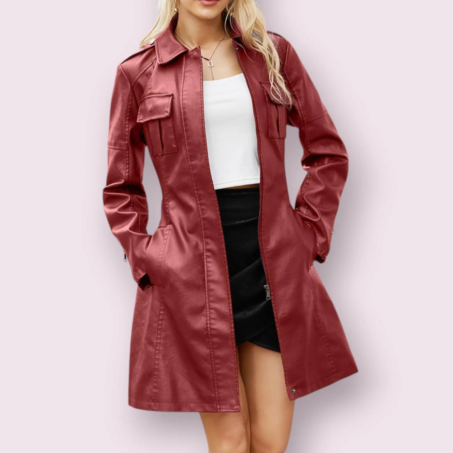 Women's Genuine Leather Trench Coat Jacket