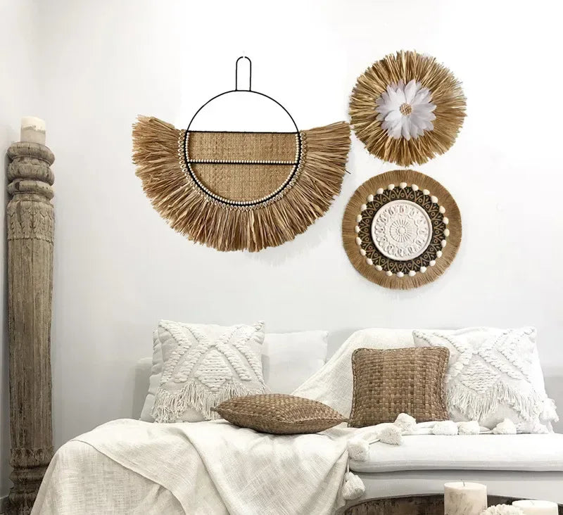 Raffia Wall Hanging Natural Grass Round Woven Tapestry