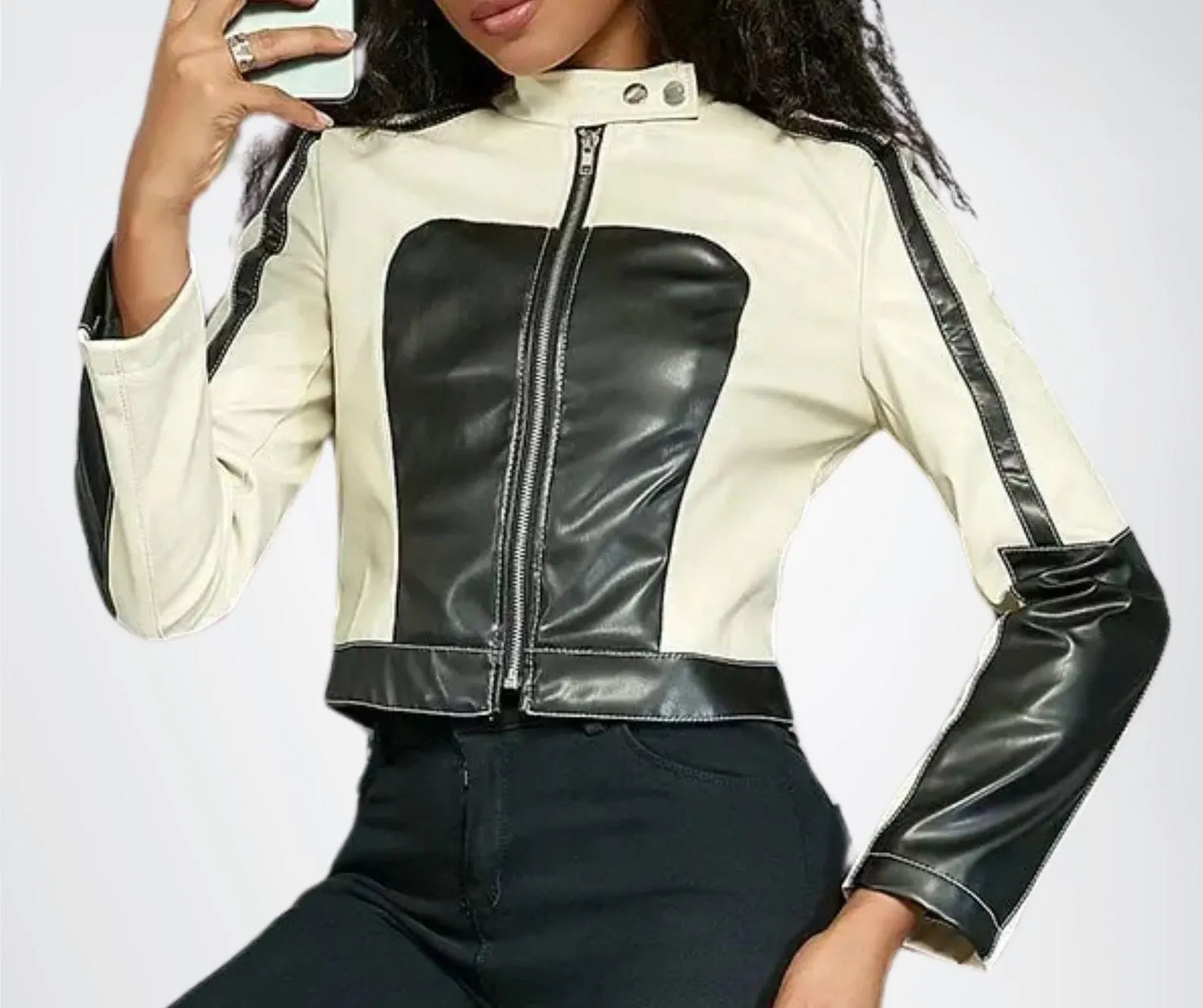 women leather bikers jacket black white