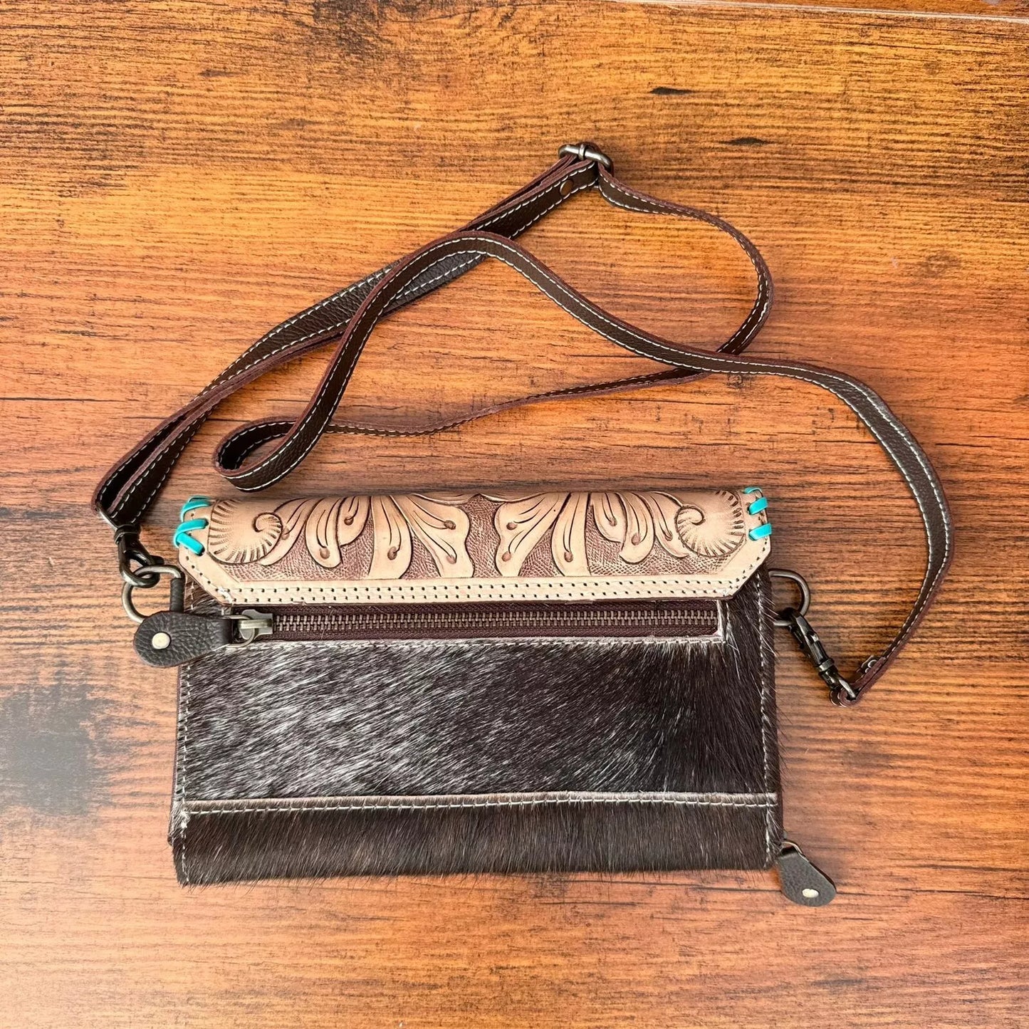 Western Hair On Wallet Tooled Leather Crossbody Sling Bag