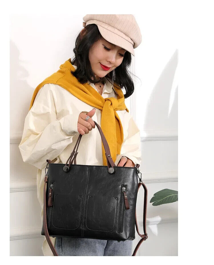 Womens Real Leather Tote Handbag Multi Pockets