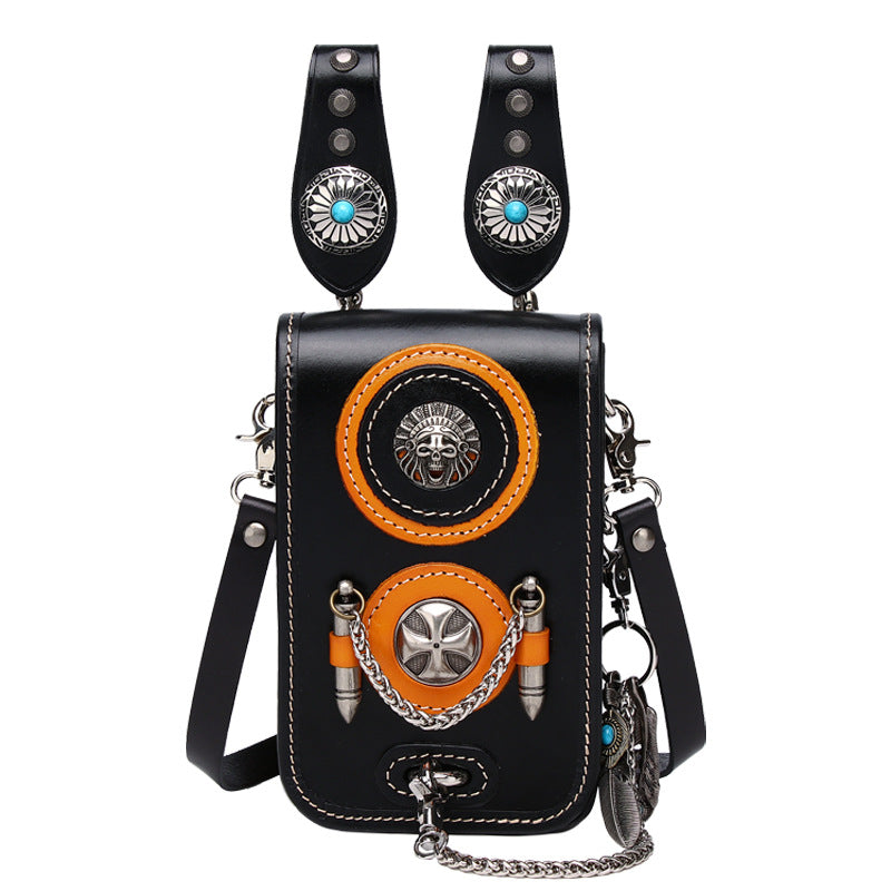 Men Leather Chest Bag with Western Bullet Chain Design