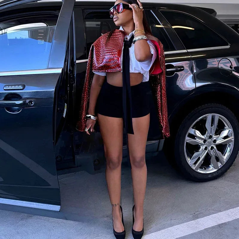 Red Cropped Faux Leather Jacket for Women