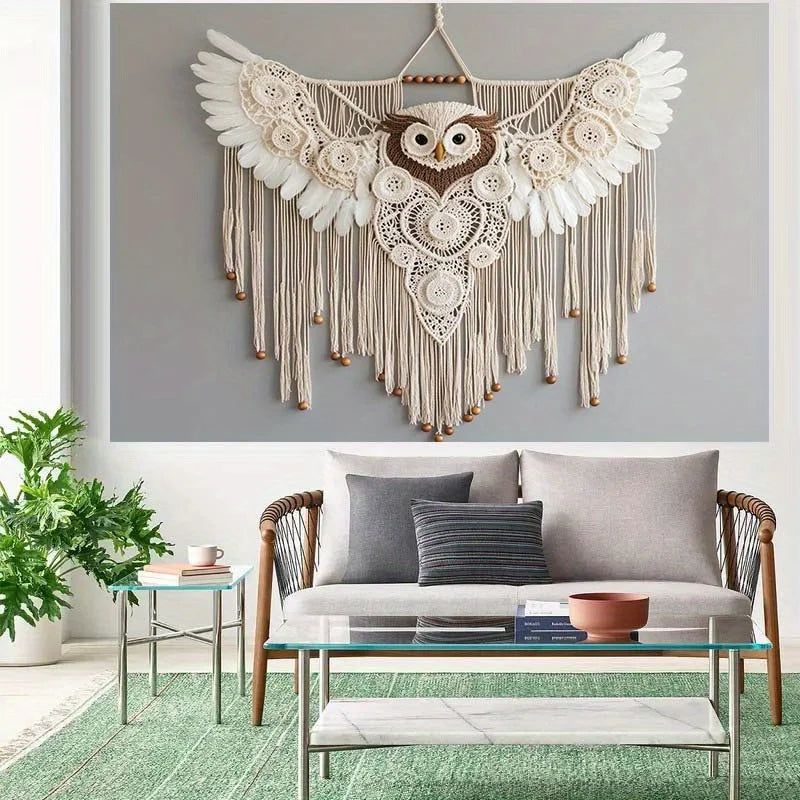 Bohemian Hand-Woven Owl Tapestry Macrame Wall Art