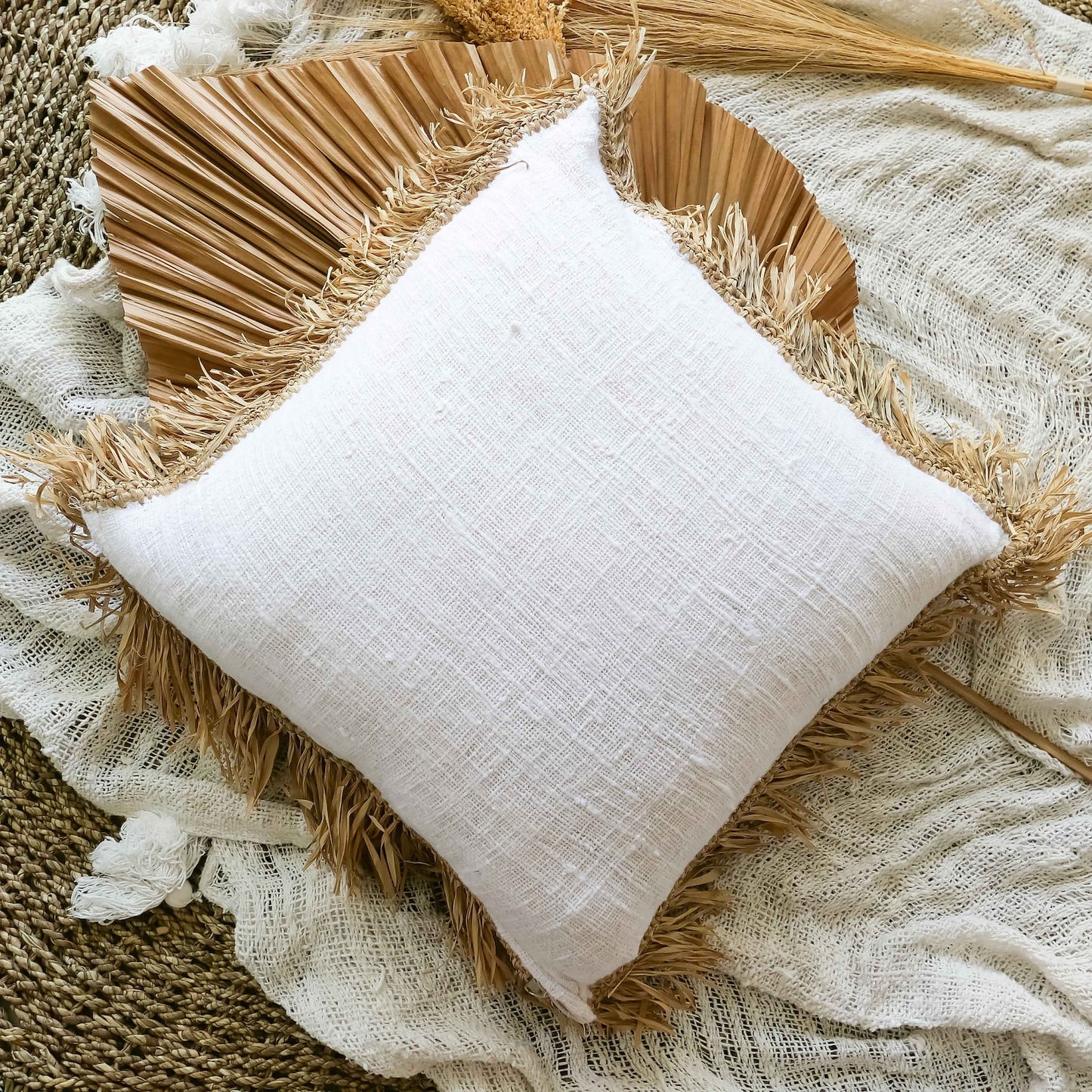 Organic white cotton fringed pillow cover