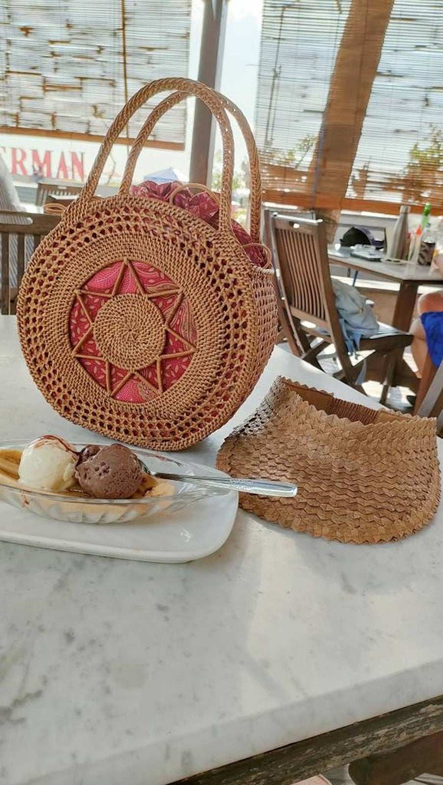 Handwoven Bali Rattan Bag with Batik Lining Round Ata Beach Tote