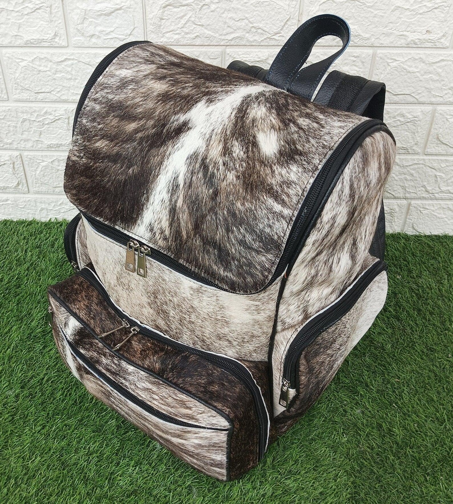 Real Cowhide Travel Backpack Grey Brindle