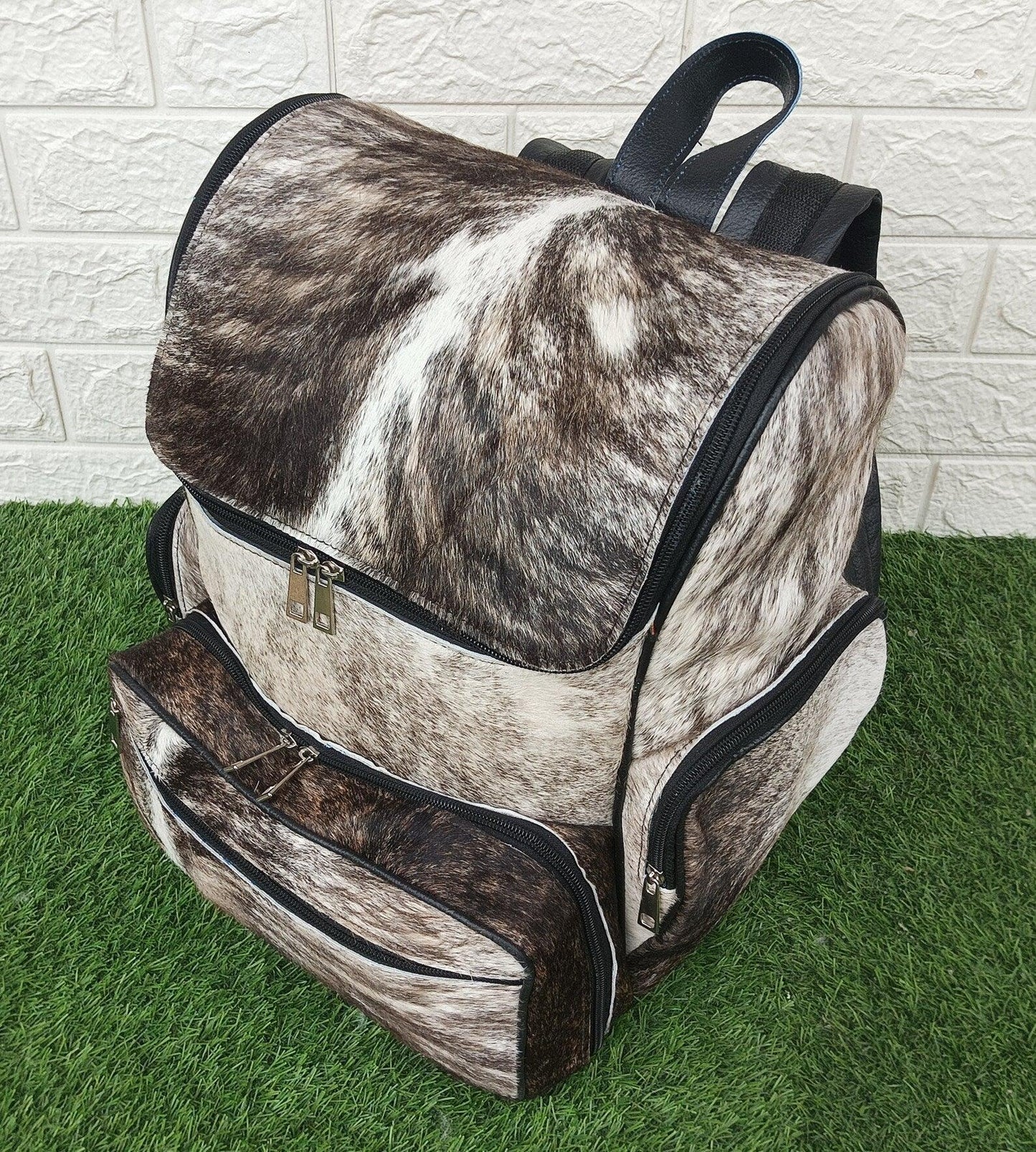 Real Cowhide Travel Backpack Grey Brindle