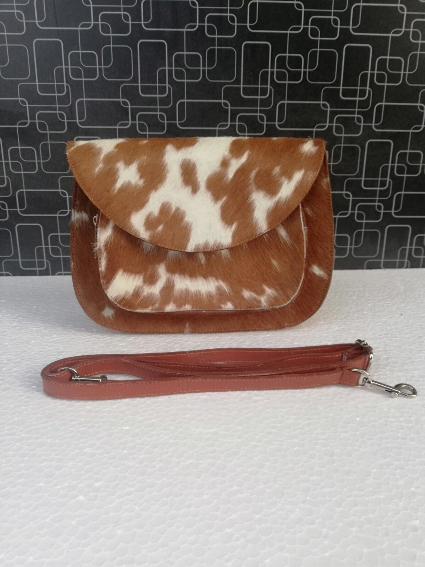 Brown White Cowhide Crossbody Handbag