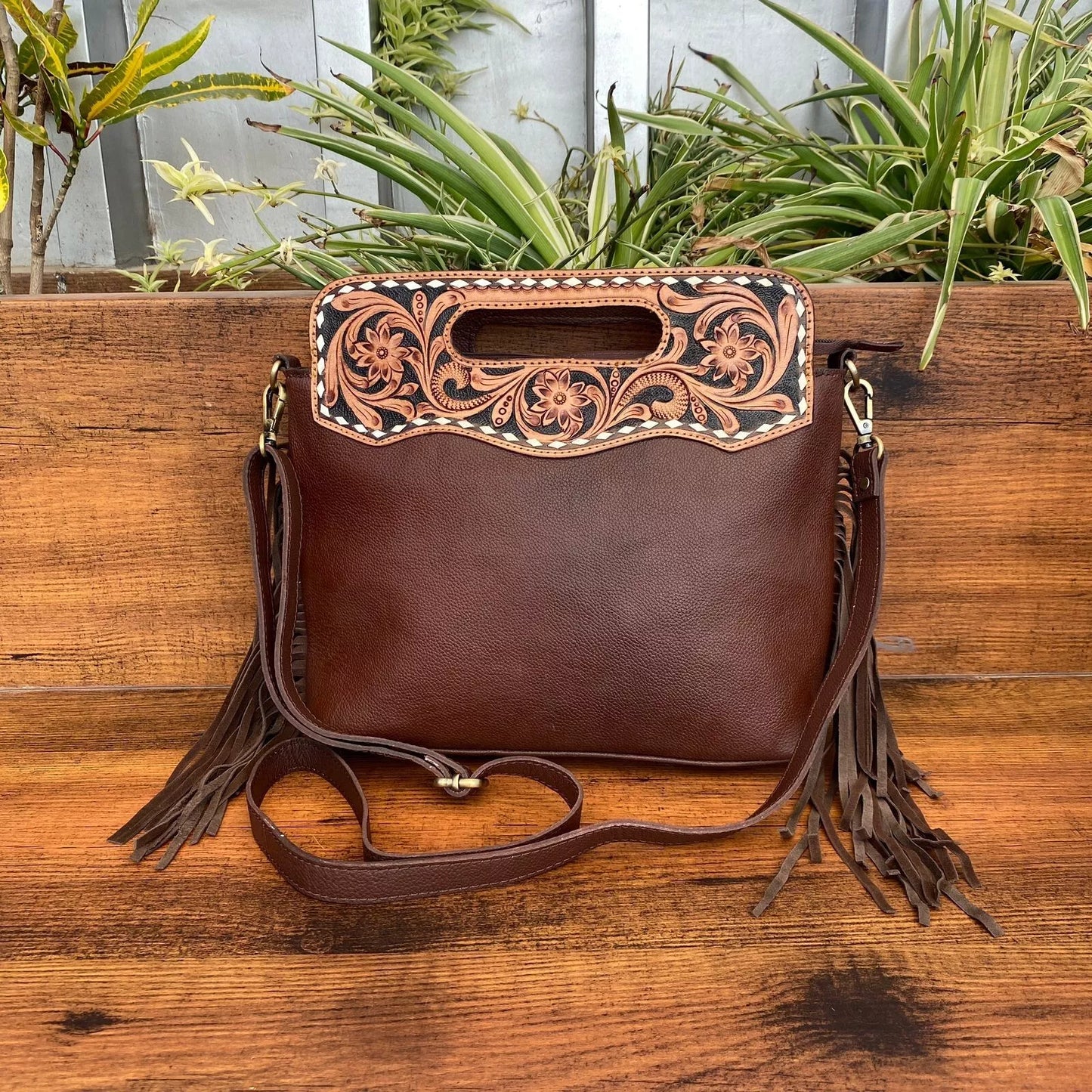 boho tooled hand carved leather messenger bag