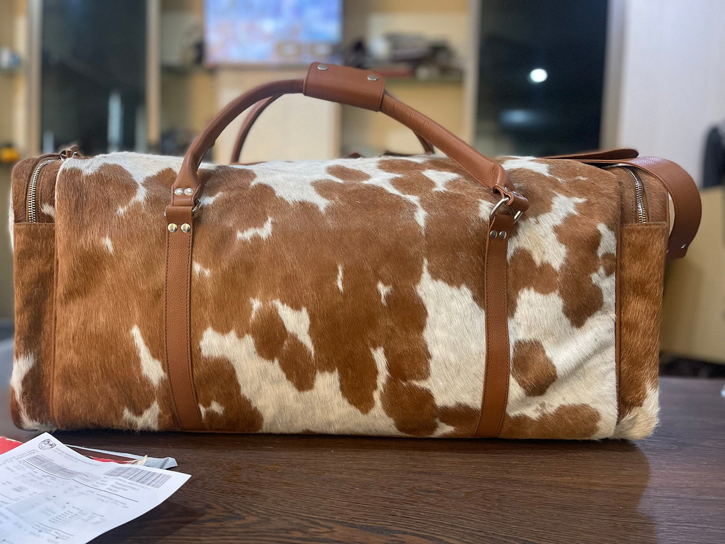 Brown White Cowhide Luggage Bag Western Carry On.