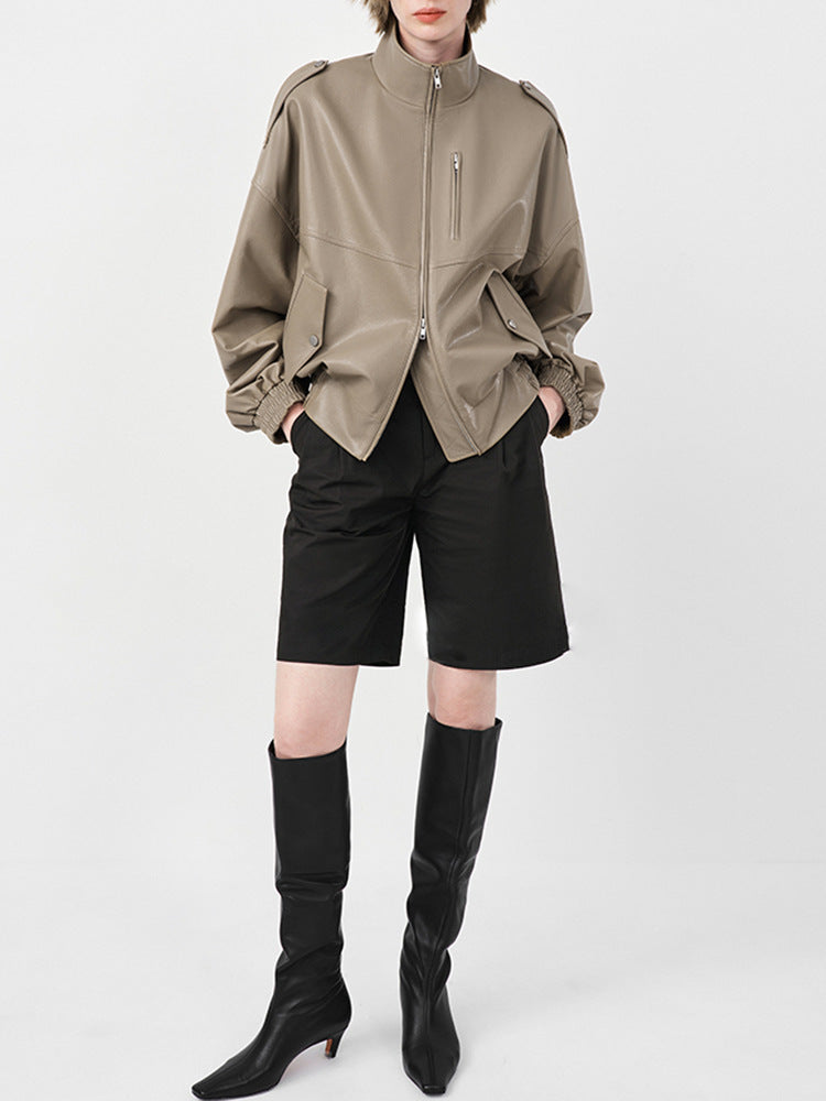 Women Leather Oversized Jacket Retro Stand Collar Motorcycle Coat