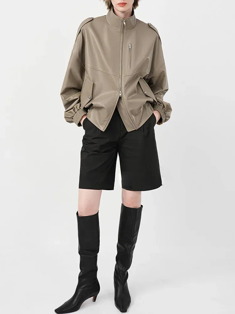 Women Leather Oversized Jacket Retro Stand Collar Motorcycle Coat