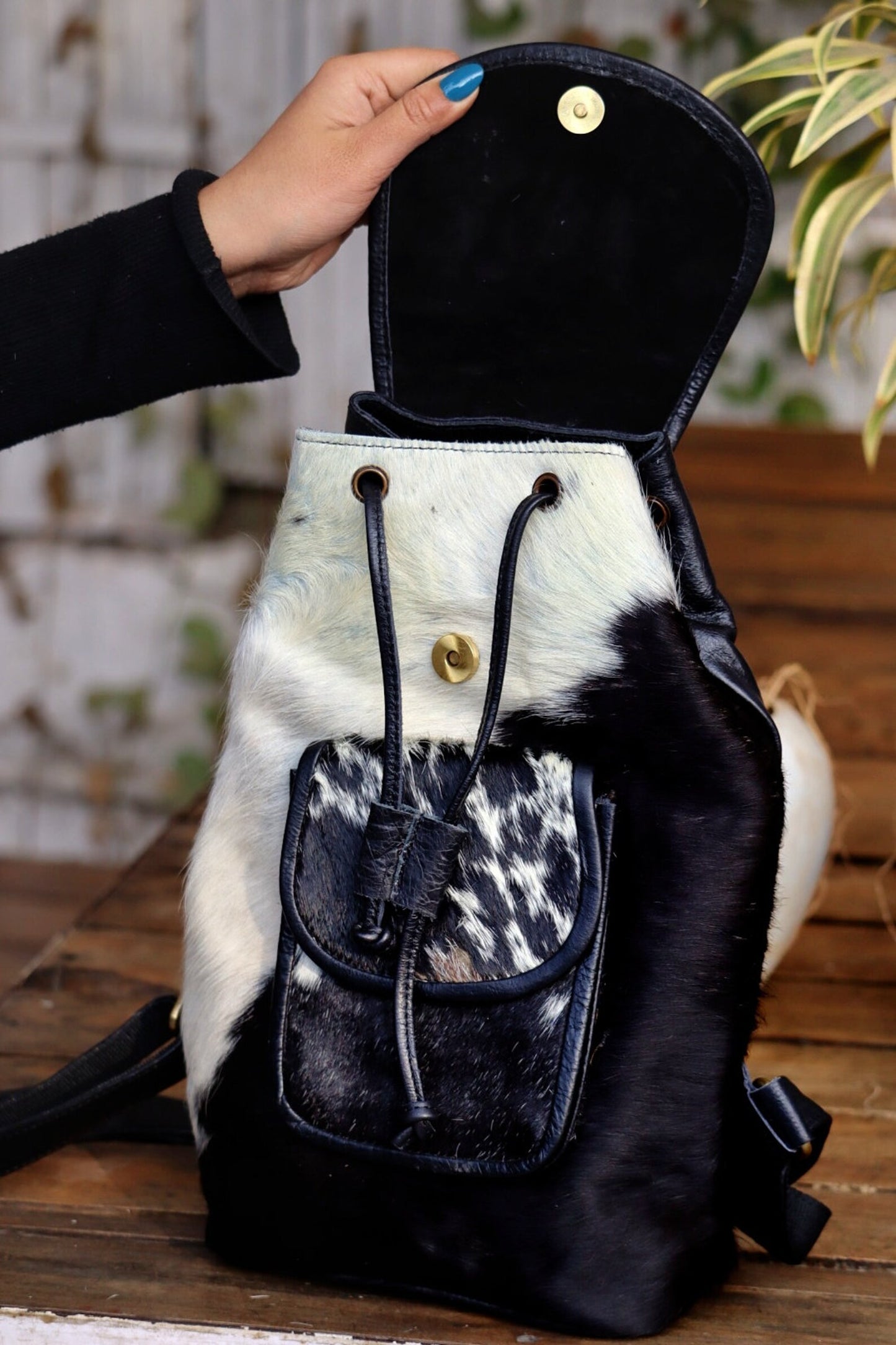 Cowhide Backpack Purse Black White