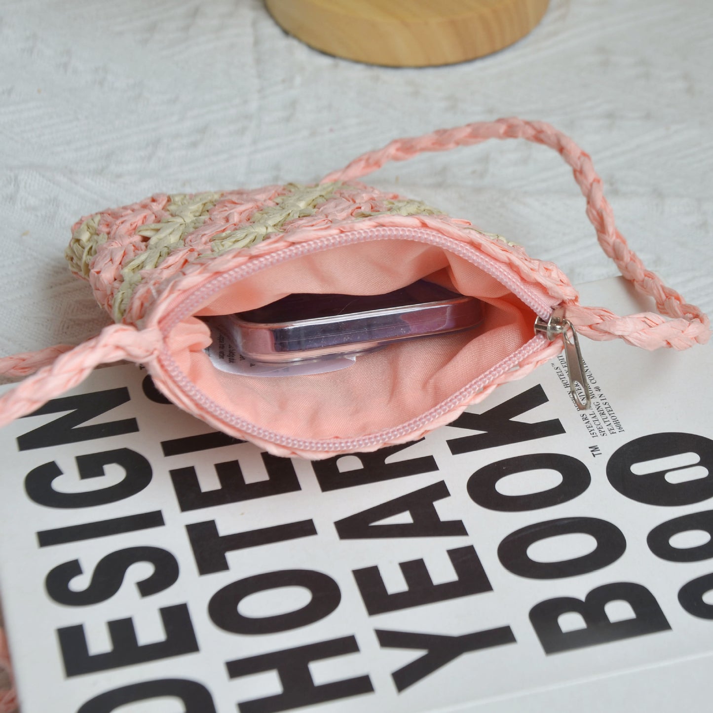 hand woven straw mobile phone bag women