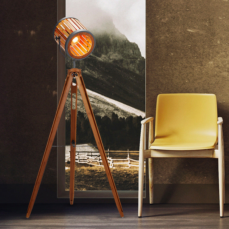 Vintage Bamboo Tripod Floor Lamp Handwoven Spotlight
