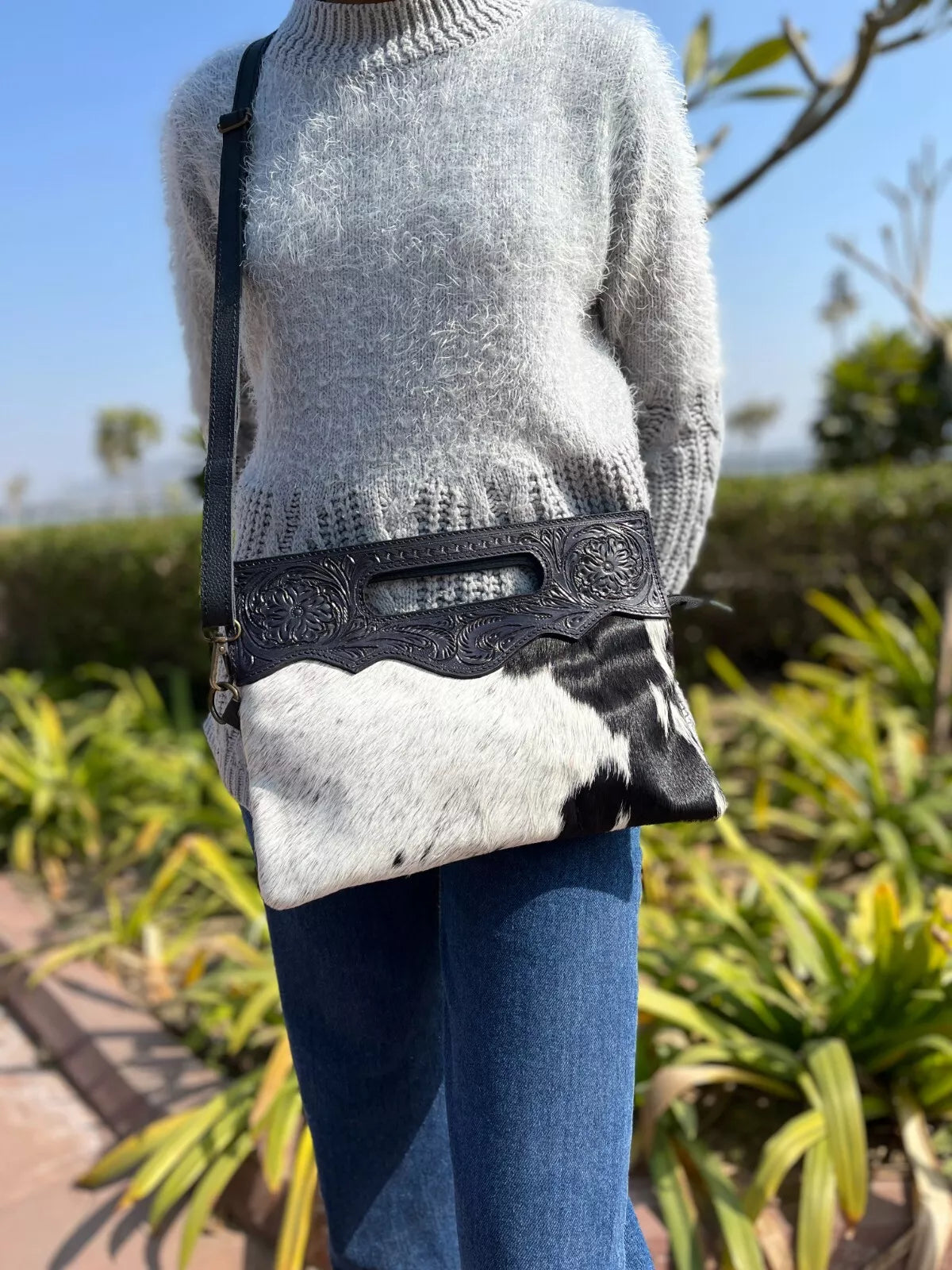 Tooled Leather Crossbody Bag Cowhide