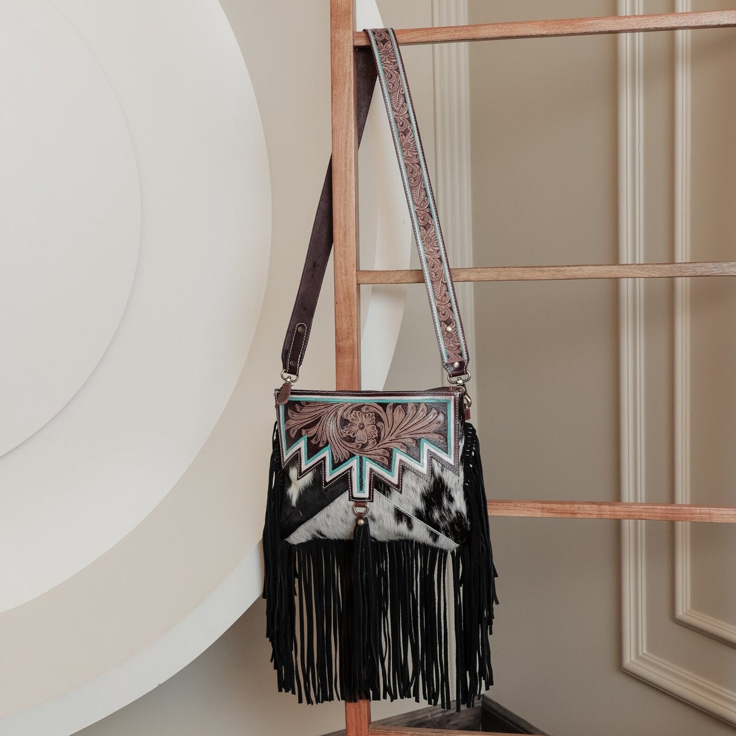 Cowhide Tooled Bag Crossbody Fringe