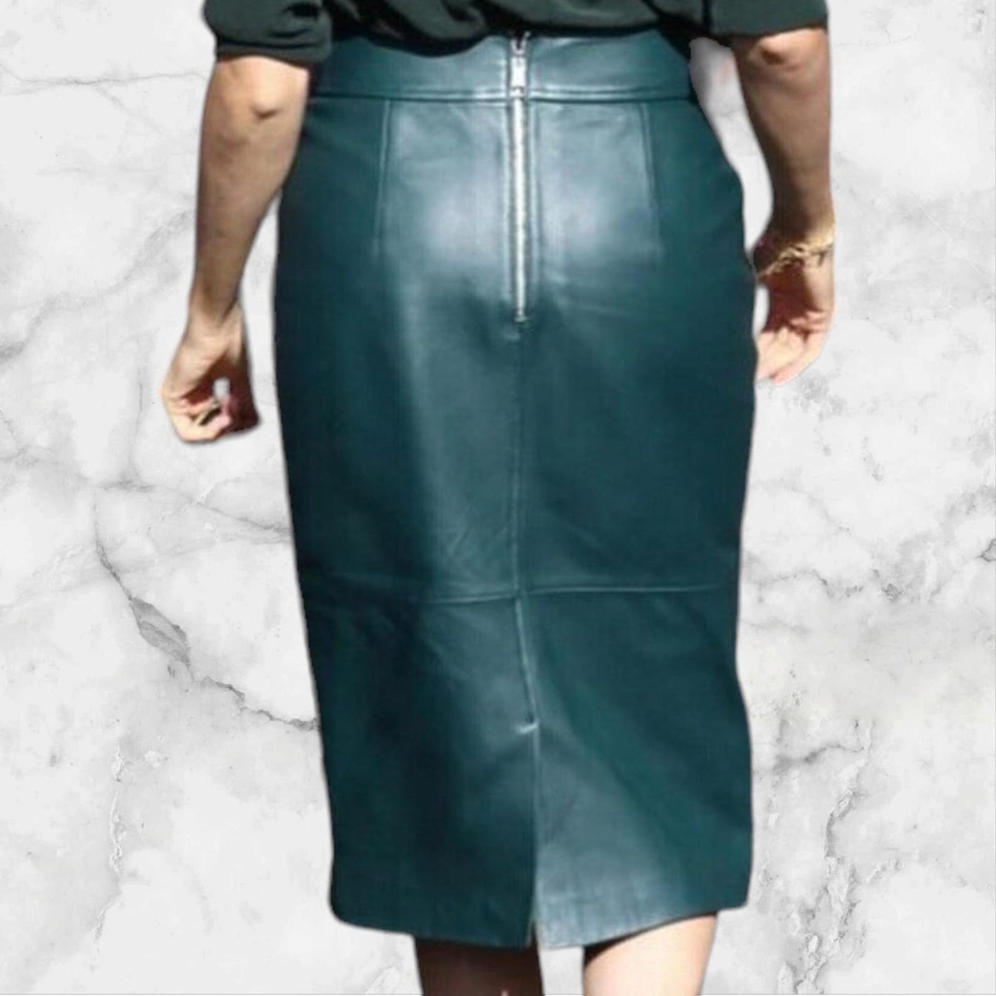 Green Real Leather Knee Length Skirt