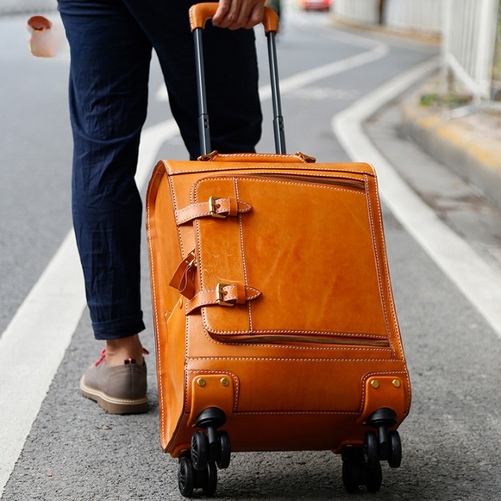Leather Trolley Suitcase Large Capacity 20 Inch Rolling Luggage