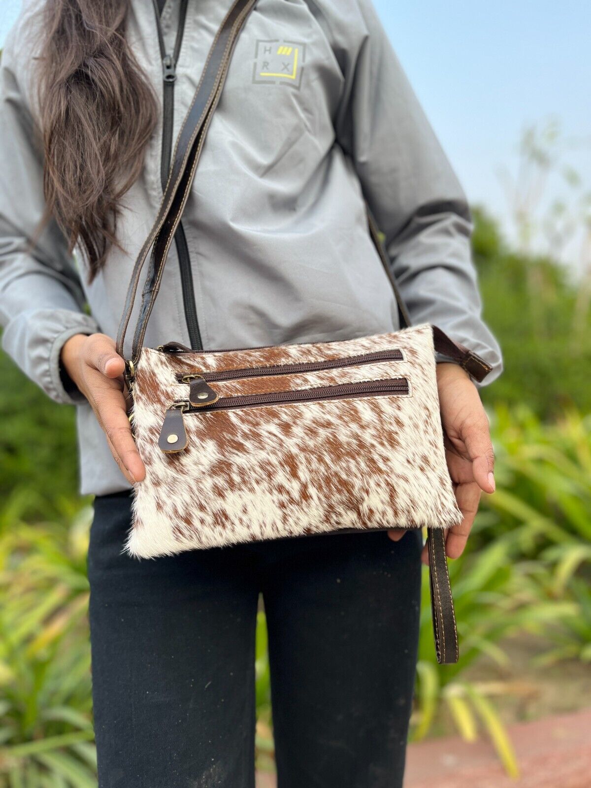 women cowhide crossbody bag brown white