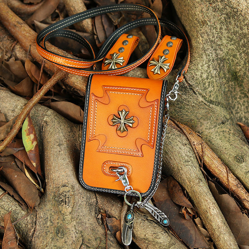 Leather Crossbody Phone Bag with Gothic Cross Hardware