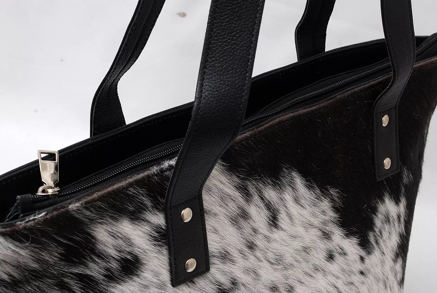 Large Cowhide Tote Handbag Black White