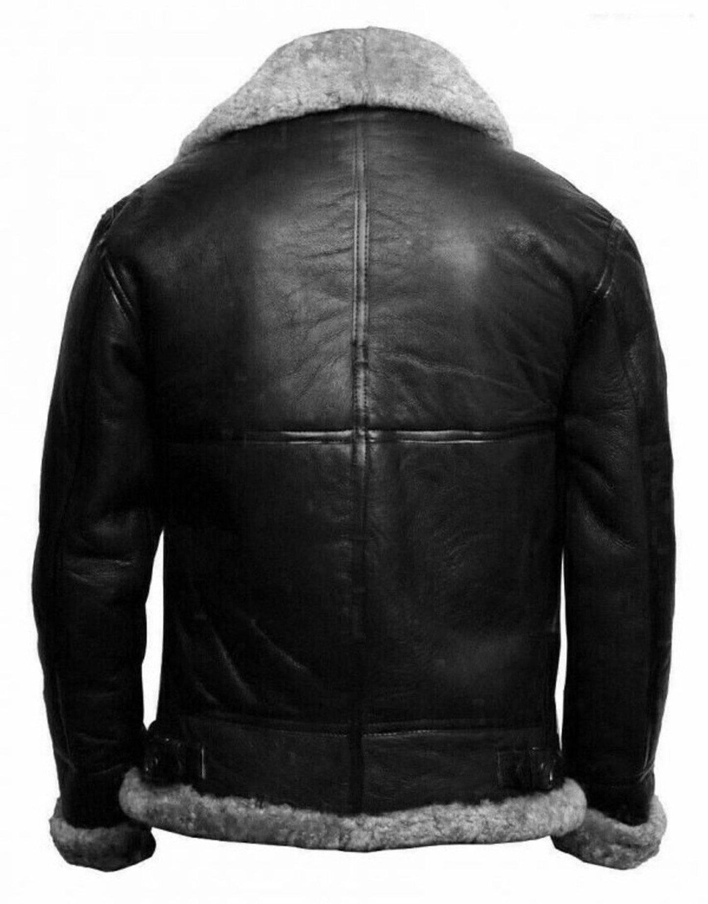 Model showcasing a black leather fur jacket with a luxurious fur-trimmed hood.