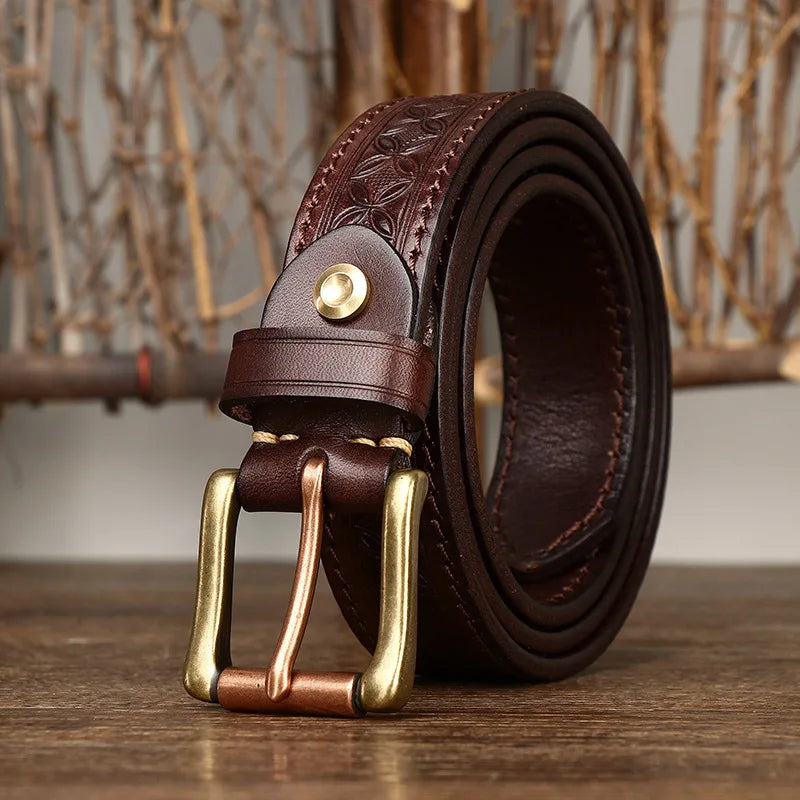 Genuine Leather Belt for Men Vintage Brass Buckle