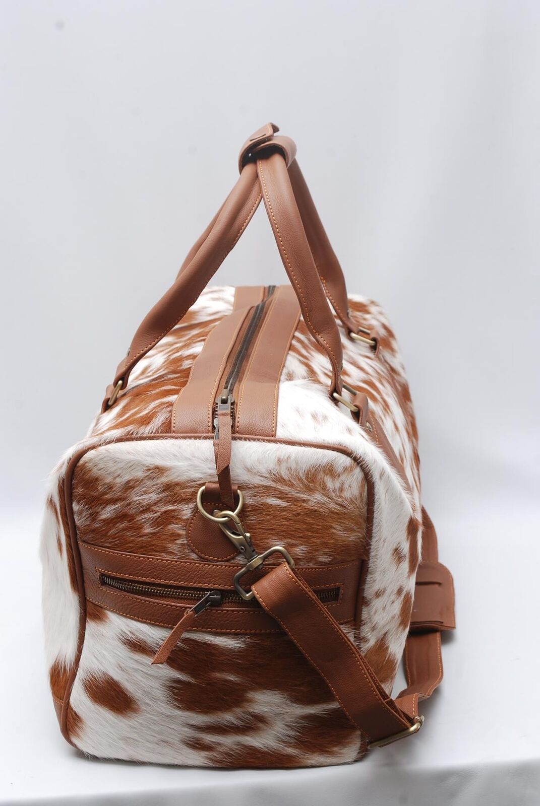 Brown White Cow Skin Overnight Duffle Bag