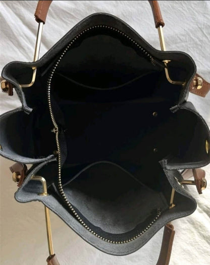 Brown Black Genuine Leather Tote Bag