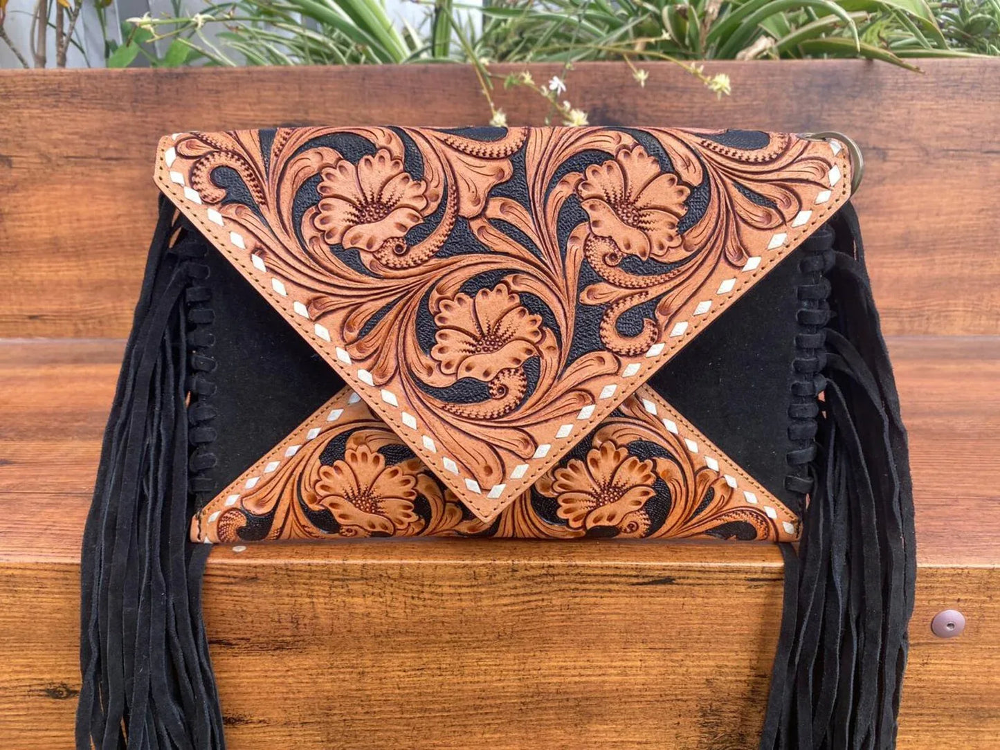 Suede Tooled Leather Crossbody Sling Purse