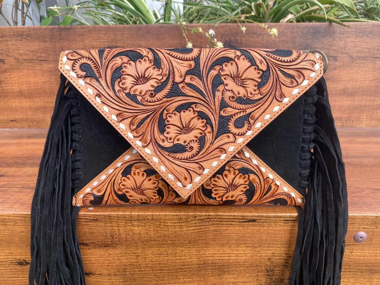 Suede Tooled Leather Crossbody Sling Purse