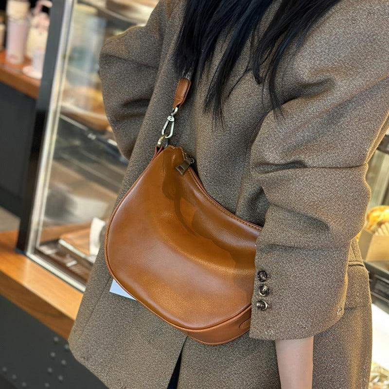 Leather Shoulder Bag Half-Moon Purse with Wide Strap