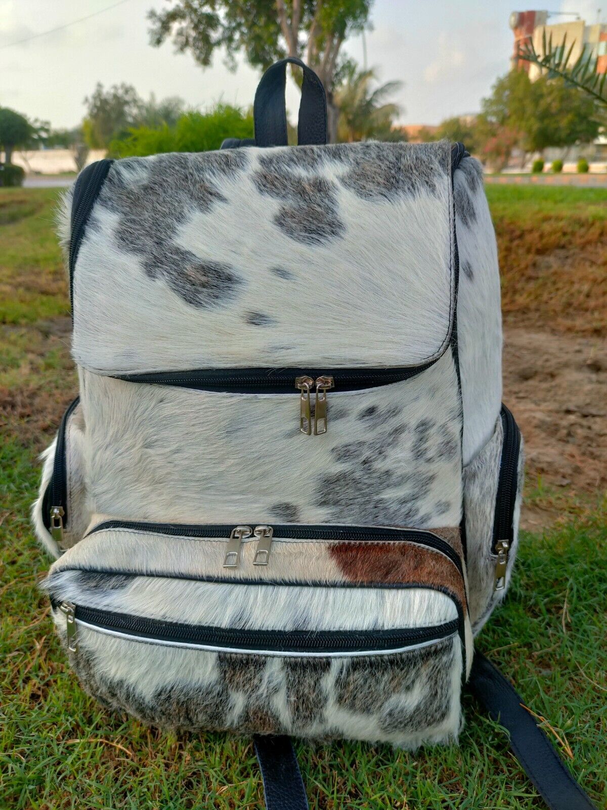 Real Hair On Cowhide Backpack Grey White