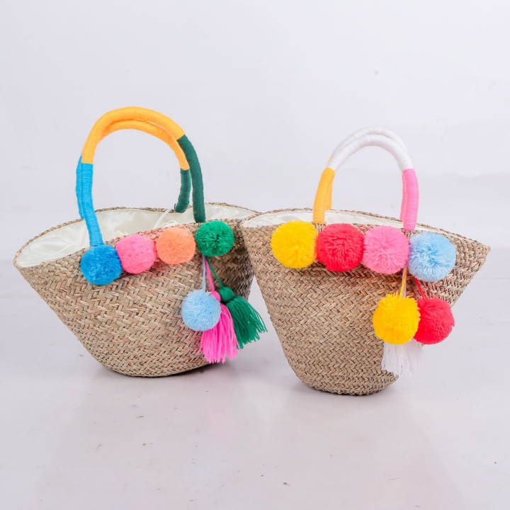 Woven Mendong Tote Bag with Pompoms