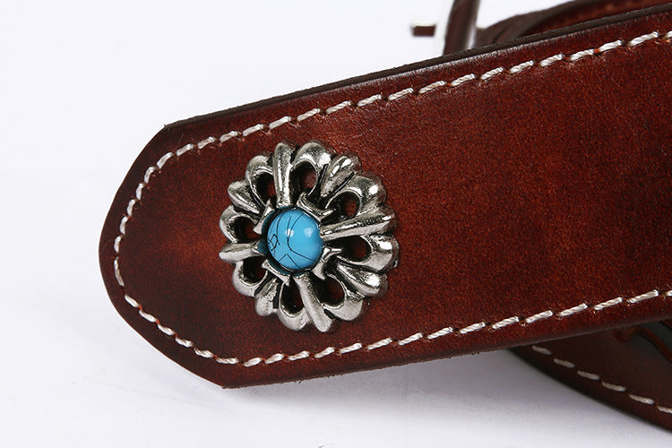 Genuine Leather Western Belt with Silver Buckle and Turquoise Accents