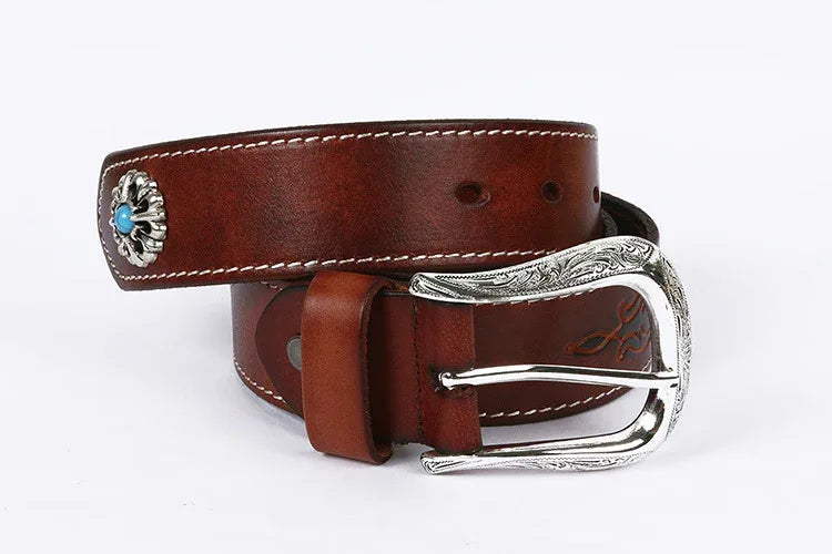 Genuine Leather Western Belt with Silver Buckle and Turquoise Accents