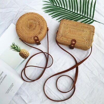 Handwoven Rattan Straw Sling Purse