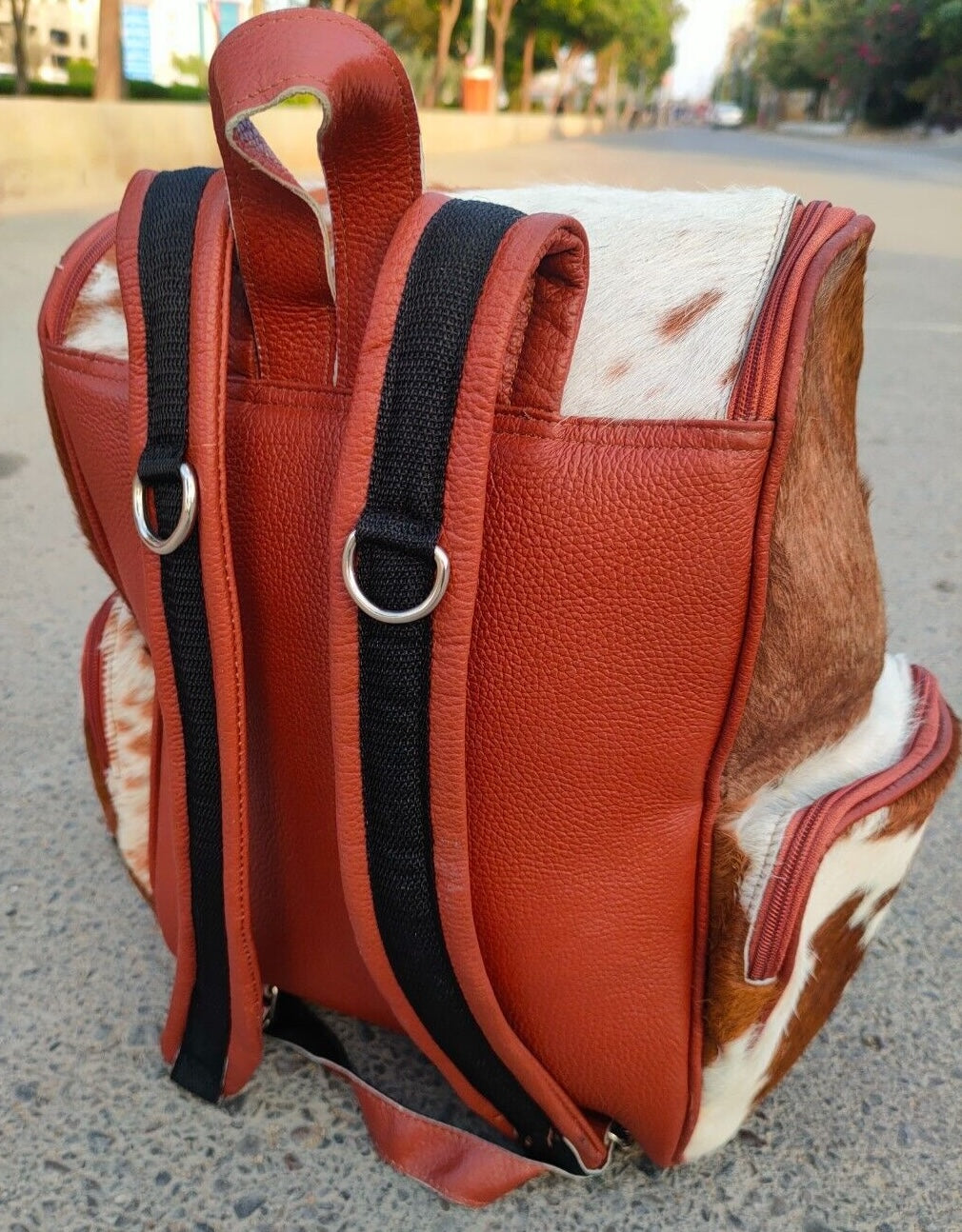 genuine cowhide backpack brown white