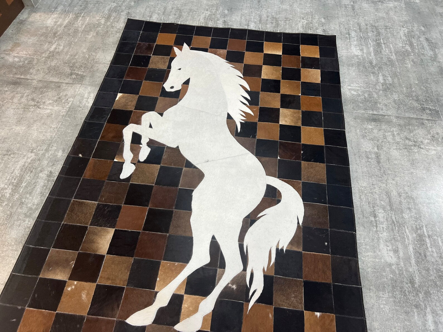 Horse Design Cowhide Patchwork Rug